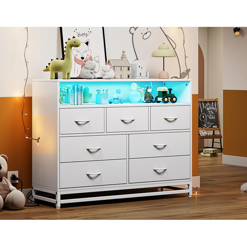Grande commode à 7 tiroirs pour chambre à coucher avec commode en bois avec station de charge et lumières DEL, Blanc