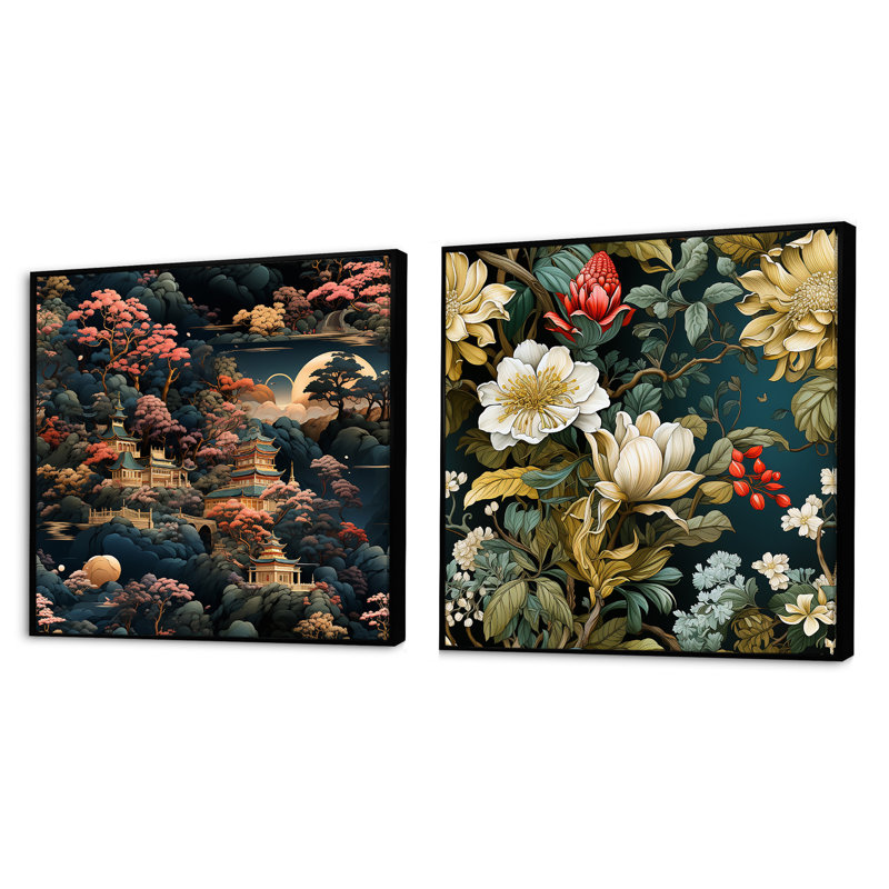 Perrigo - Ensemble de 2 collages carrés de paysages abstraits, Cadre flottant doré, H 30 po x l 61 po