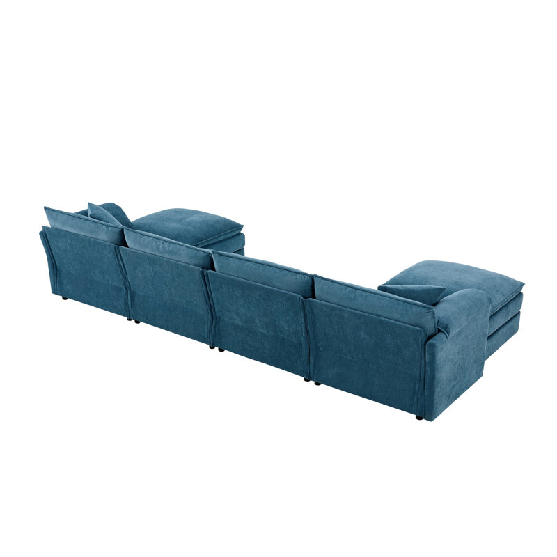 Canapé modulaire en forme de U en chenille de 136 po avec repose-pieds mobile Cloud, Chenille bleu