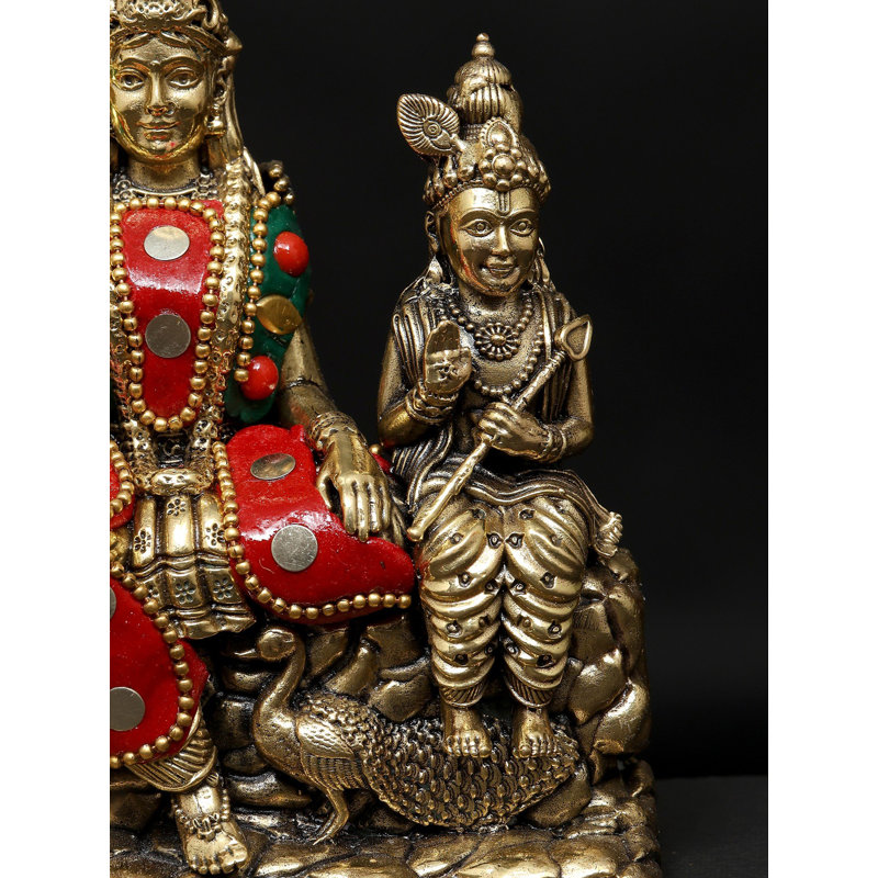 Petite statue de famille Shiva en laiton avec incrustation