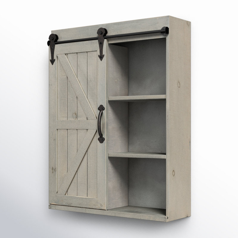 Gray Wood Bathroom Wall Storage Cabinet with Sliding Barn Door