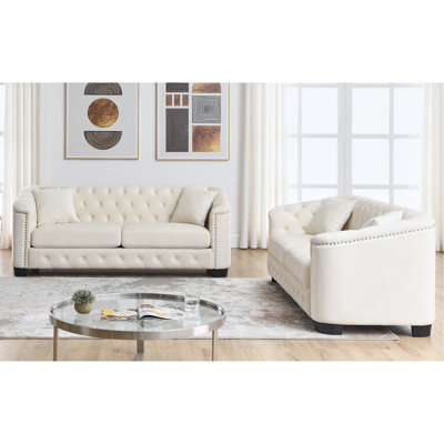 3 + In Velvet Beige - Solid Wood Frame For Durability, Soft Foam Cushions Comfort, Details On & , Attractive Nailhead Trim, Easy Clean Construction Spring System Gorgeous Trim 6 Seat