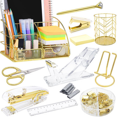 Gold Desk Organizers,Desk Accessories,Office Supplies Set,13PS Set with Acrylic Stapler,Tape Dispenser,Staple Remover,Pen Holder,Clips,Scissor, Phone