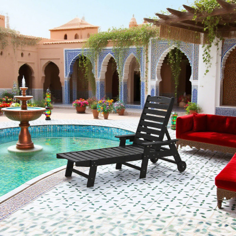Black Oversized Outdoor Chaise Lounge – Wood Texture, 5 Positions, HDPE With Wheels & Cup Holder, Black