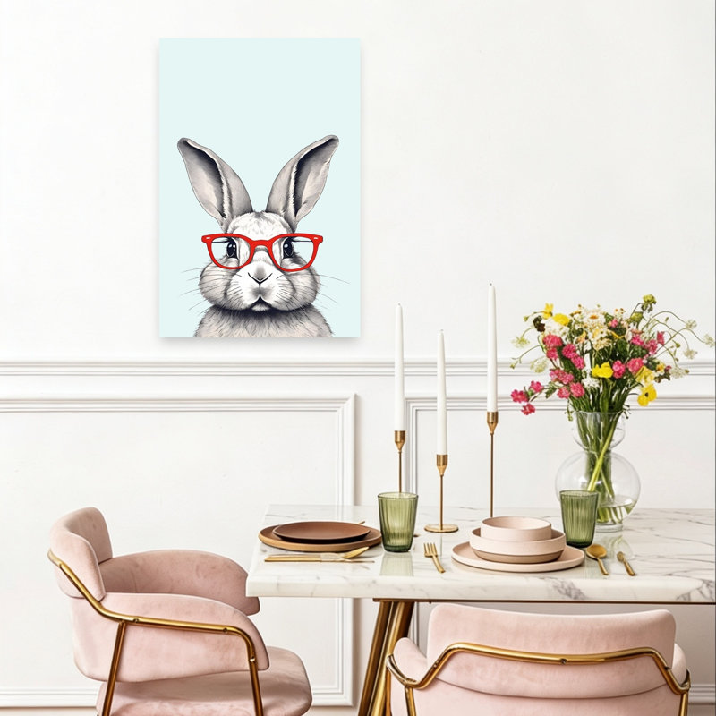 «Smart Bunny», lunettes rouges, fantaisiste, portrait de lapin contemporain, forêt, impression murale, 24" H x 16" W