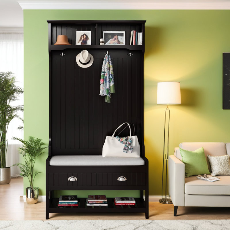 Arbre d'entrée multifonctionnel avec coussin moelleux, tablettes et portemanteau, Noir