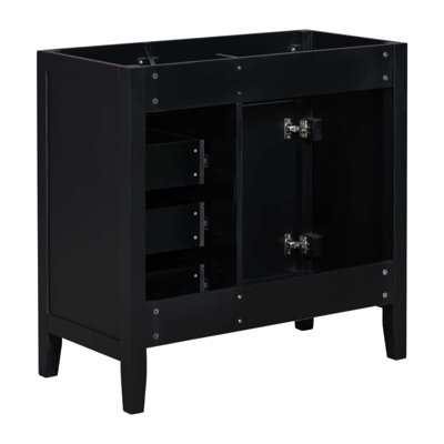 36 Inch Modern Bathroom Vanity Base, Solid Wood Frame, MDF Board, Freestanding With Drawers And Cabinet, Black Finish