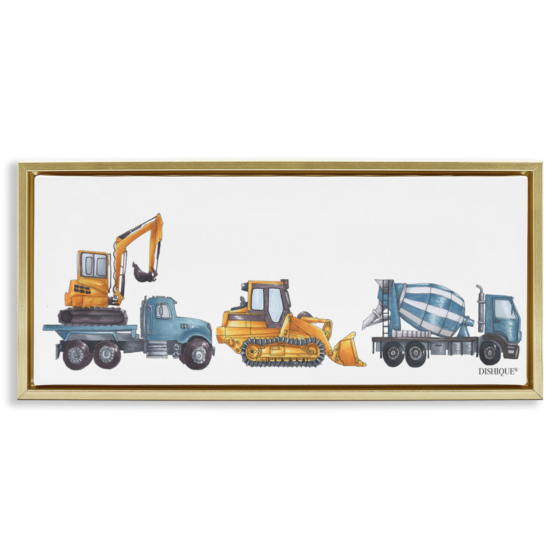 "Construction Engins volant", art mural encadré doré sur toile, Cadre flottant métallique doré, H 11 po x l 25 po