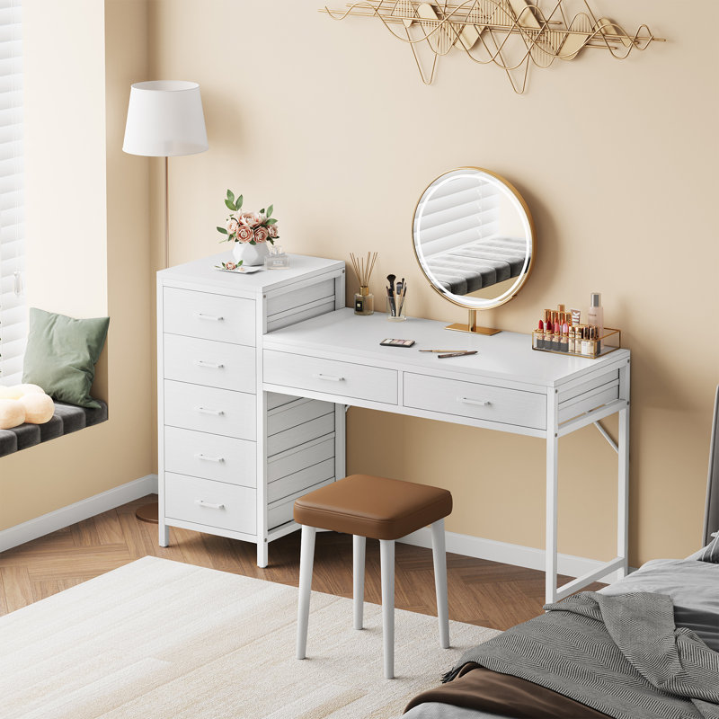 Kavayah 55.12'' W Reversible Writing Study Computer Desk With Drawers, Makeup Vanity Desk, White