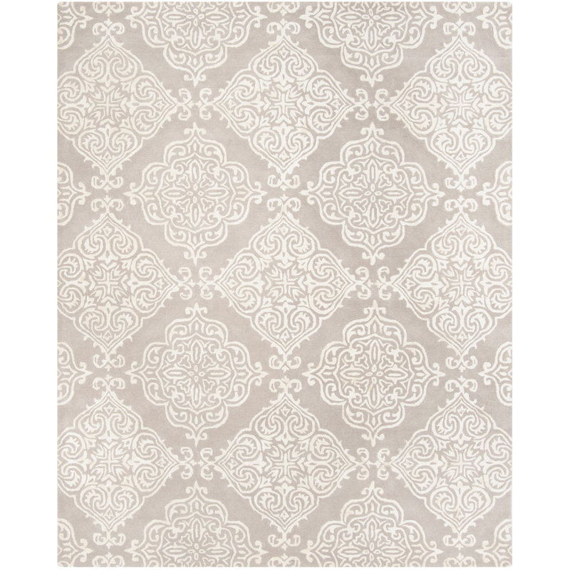 Bernon Hand Tufted Viscose/Wool Damask Rug in Silver/Ivory, Rectangle 8' x 11'