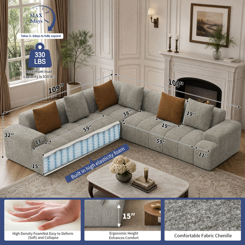 Canapé modulaire rembourré 108 pièces en forme de L 108 po avec 6 coussins décoratifs sans cadre 108 po Chenille