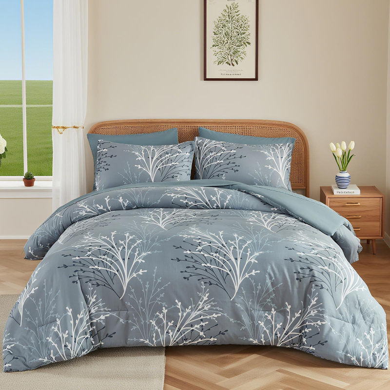 Ensemble de literie en microfibre 7 pièces Floral Branch, Grand édredon et 6 pièces supplémentaires, Bleu