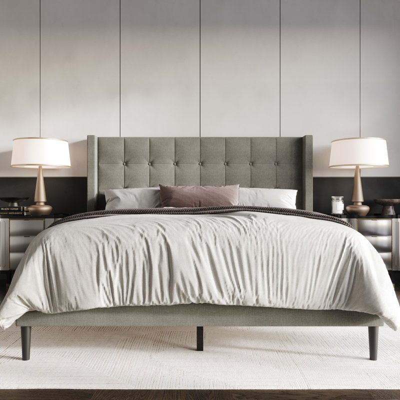 Upholstered Wingback Bed, Twin, Gray
