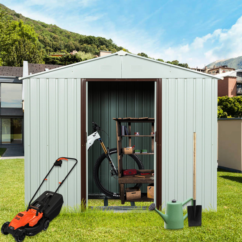 Remise de rangement en métal de 6 pi x 5 pi avec fondation, structure en fer galvanisé blanc, panneaux protégés, fentes de ventilation, cadenas de porte coulissante, base de procédure d'assemblage facile, fabrication en acier robuste,