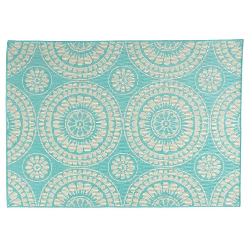 Teal Multi Rectangle Polypropylene 5'3" x 7' Rug