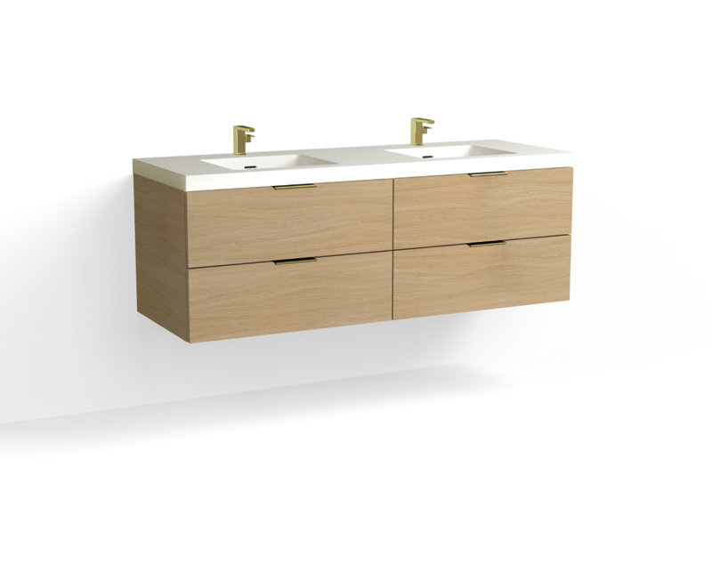 Avila 60" W Wall Mounted Double Bathroom Vanity, Matte White/Single, Nocino, Satin Brass