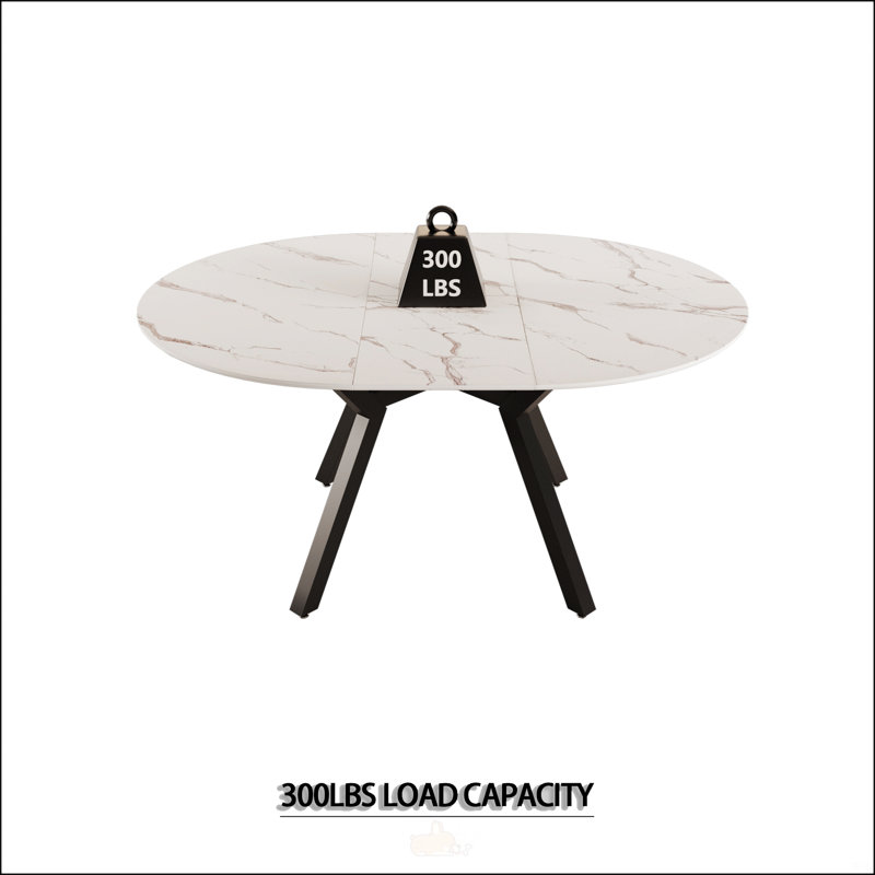 Table de salle à manger extensible blanche circulaire pour 4 à 6 personnes, plateau en bois aggloméré moderne avec pieds en métal, parfaite pour la cuisine et la décoration intérieure