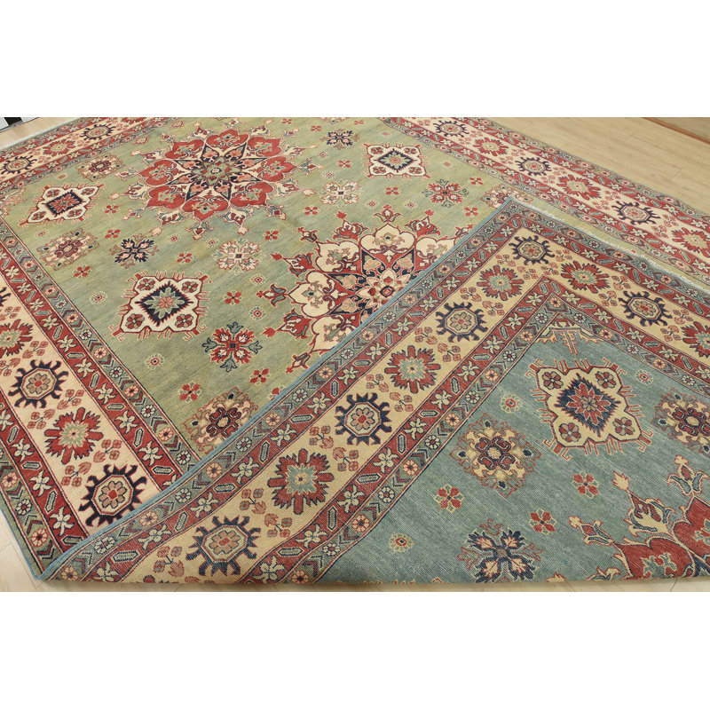 Hand-Knotted Green and Red Wool Cotton Area Rug