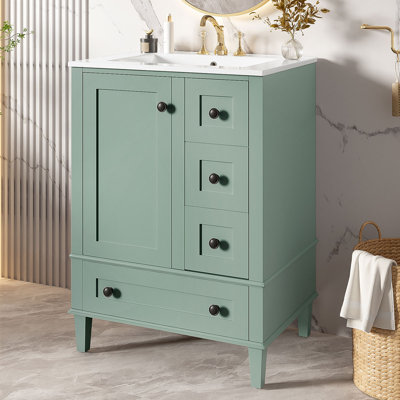 Meuble-lavabo autoportant 24 po avec lavabo en céramique, porte à fermeture en douceur et tiroirs 24 po