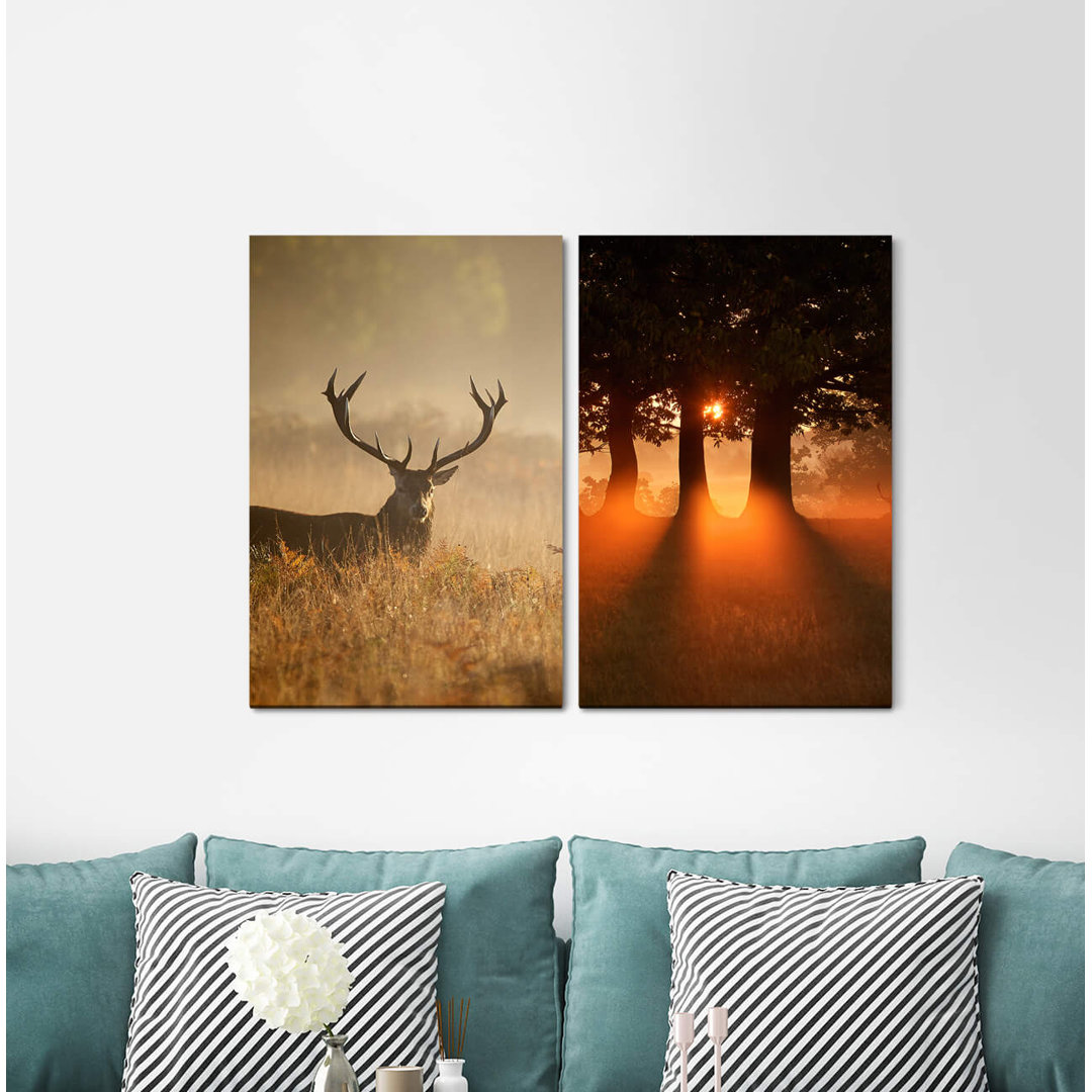 2-tlg. Leinwandbilder-Set - Fotografie „Deer Antlers Forest Trees Silence Warm Light Peaceful”