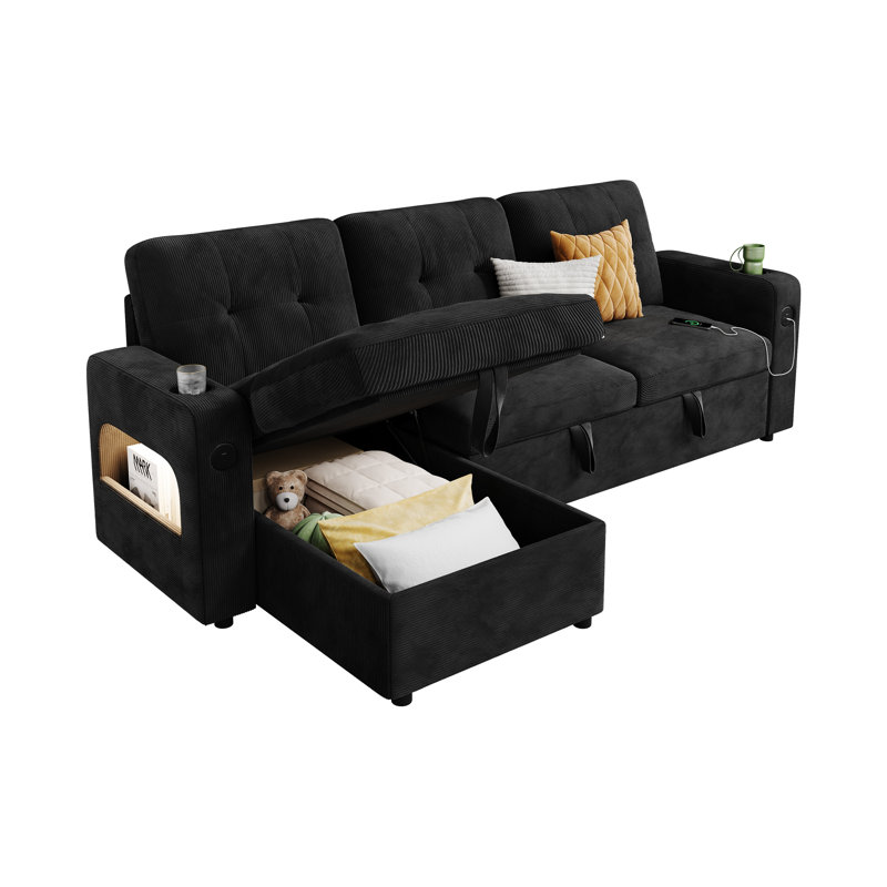 Canapé-lit 84 po réversible rembourré avec rangement, méridienne, porte-gobelet et port USB pour le salon