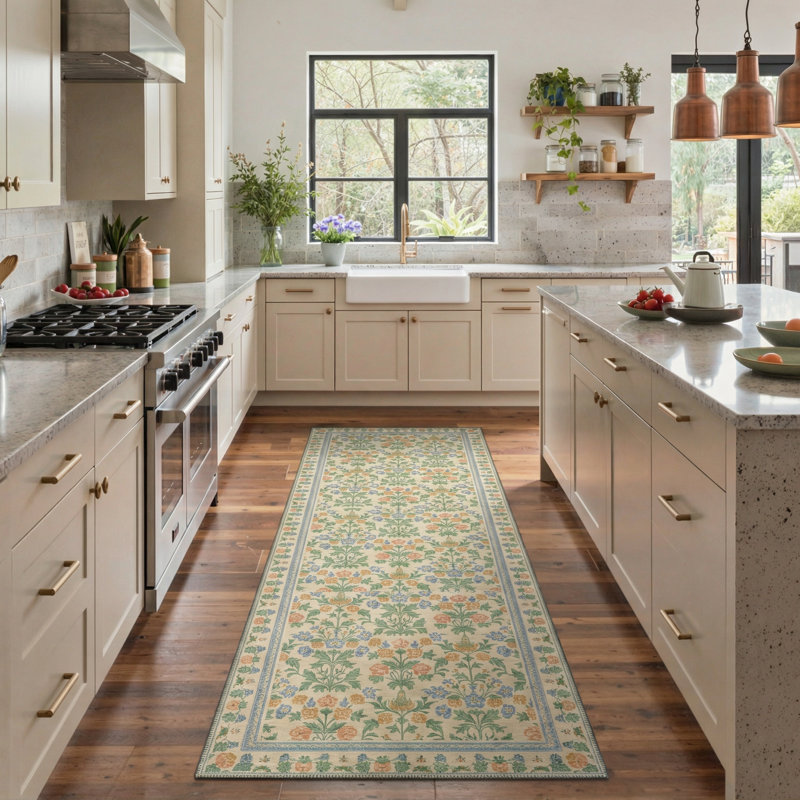 Aura Vine Floral Machine Washable Ivory Indoor Area Rug With Non-Slip Backing, Runner 2' x 6'