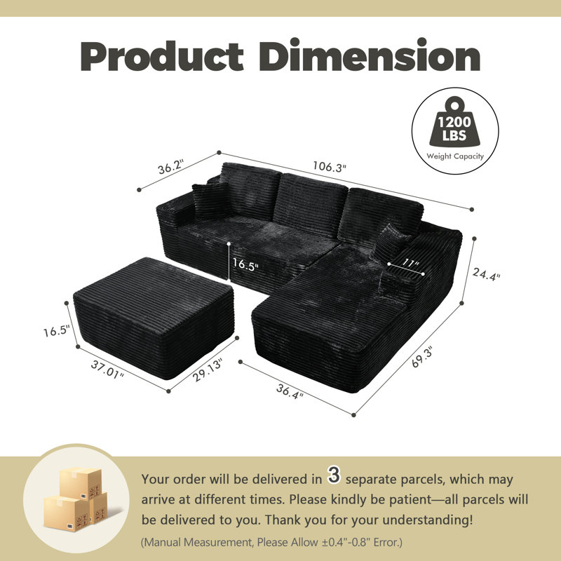 Boneless 3-piece No-assembly Modular Holifield Set With Ottoman - Deep Seat, Freely Combinable L-shaped Lounge Chair For Living Room & Bedroom