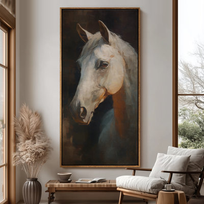 Elegant White Horse Portrait in Moody Dark Tones Classic Equestrian Wall Decor - Large Framed Canvas Master Bedroom Wall Art Print