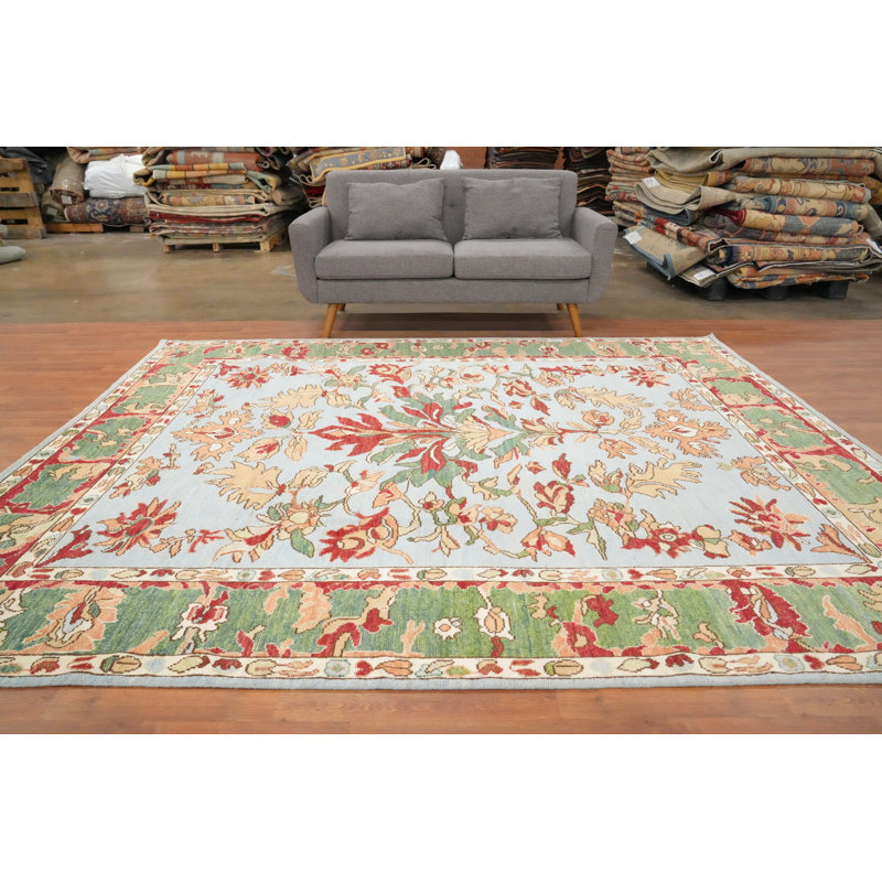 Tapis bleu clair à motif végétal Oushak 8 x 10
