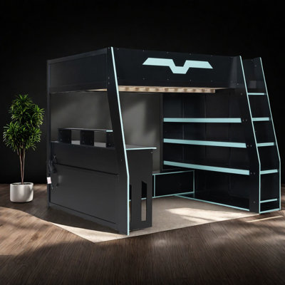 Lit mezzanine en bois compact avec bureau multifonctionnel de style bleu moderne