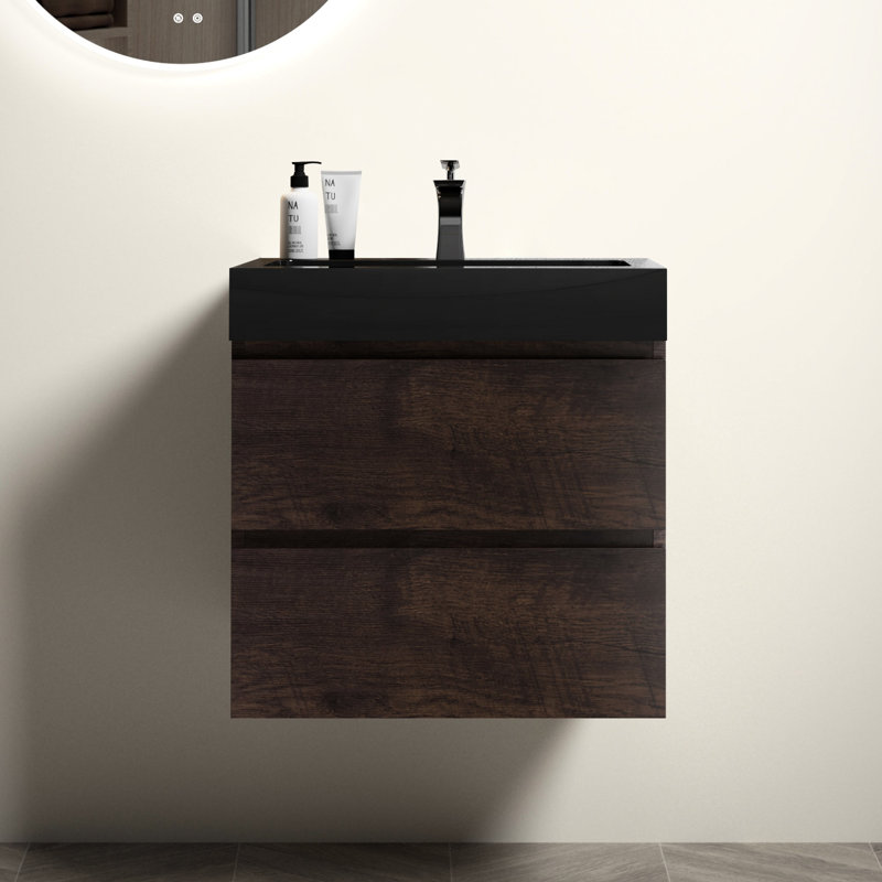 Meuble-lavabo en noyer - 24 po, conception moderne, lavabo inclus, tiroirs spacieux, silencieux, lavabo noir, Noyer, Noir