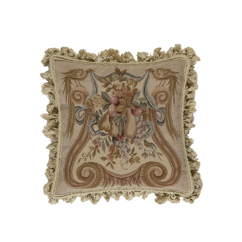 Needlepoint Fringed Reversible Throw Pillow, Beige Floral 9, Square 16"