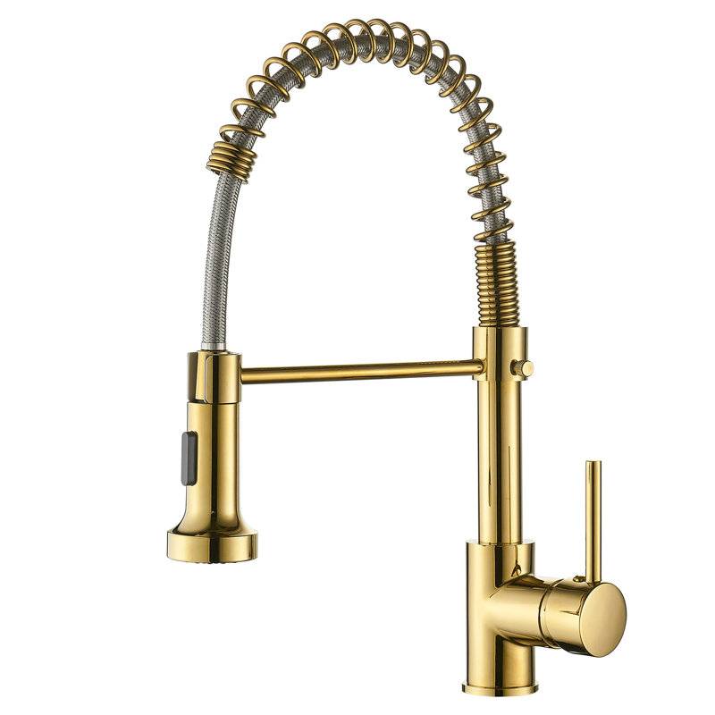 Robinet d'évier de cuisine Enticing Gold avec fonction rétractable, levier unique, bec rotatif à 360 degrés, option jet et jet, tête commerciale charmante en laiton, réglage de la poignée, rotation de la céramique