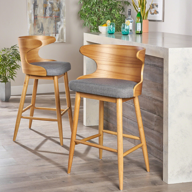 Mid-Century Modern Upholstered Barstools, Sleek Wooden Frame with Cushioned Seats, Stylish and Comfortable, Set of 2, Gray