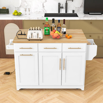 Rolling Kitchen Island with Drop Leaf, Trash Can Cabinet, Pull-Out Cabinet and Power Outlet