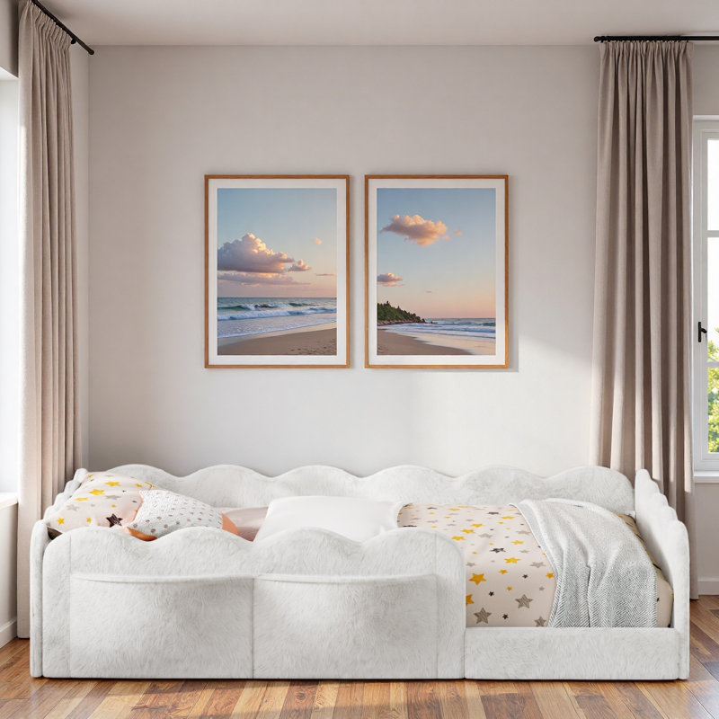 Lit rembourré pour enfants avec garde-corps en forme de vague et poches de rangement latérales, Lit simple, Blanc