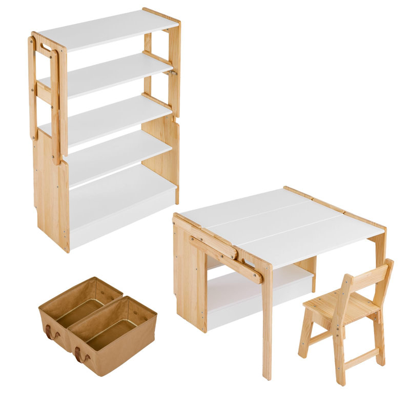 27.5" Kids Art Table & Chair Set – Convertible Activity Desk with Storage Shelves & 2 Fabric Storage Boxes, Folding Craft Play Table, Adjustable Furniture for Home & School