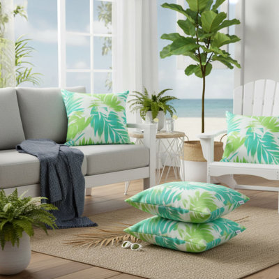 Lot de 4 coussins décoratifs d'intérieur/extérieur avec garniture et fermeture éclair, 45 x 45 cm, imperméables et résistants à la décoloration, carrés, pour canapé, sofa, lit - Motif palmier tropical turquoise