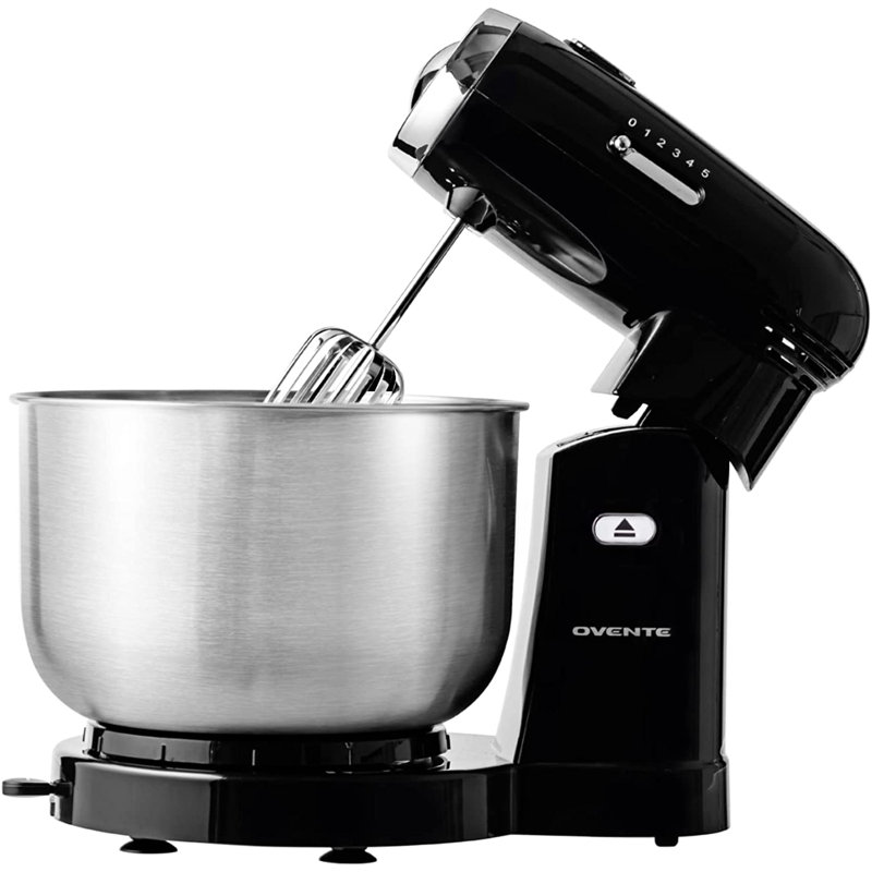 OVENTE Electric Stand Mixer with 3.5 Quarts Stainless Steel Mixing Bowl, 5 Speed Portable and Lightweight 250W Kitchen Mixer for Everyday Use, Includes 2 Egg Beater Whisk and Dough Hook Black SM680B