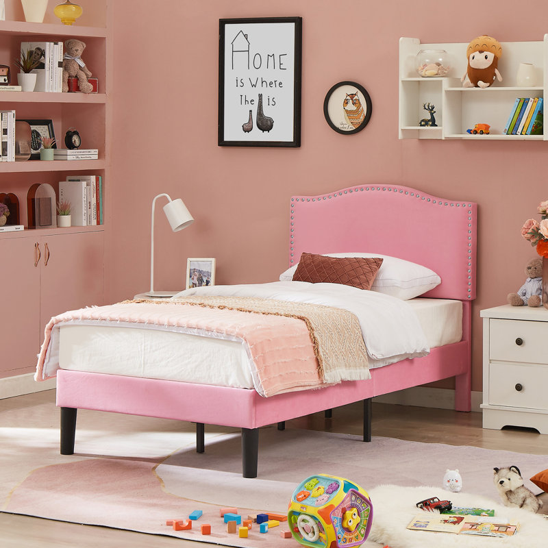 Fahmidah Twin Bed Frame Set Upholstered Platform with Headboard and Strong Wooden Slats, Pink