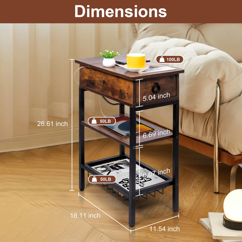 Rustic Slim Rectangular Wood Side Table with USB Ports and Outlets
