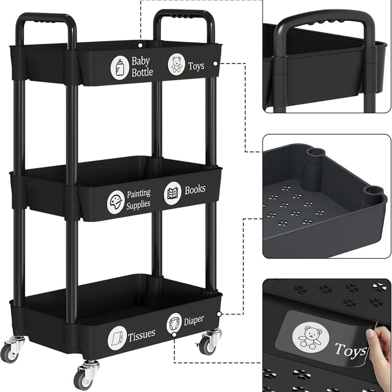 Labels,Multifunctional Comagtable Rolling Shelving With Handle And Lockable Wheels For, Black, Black