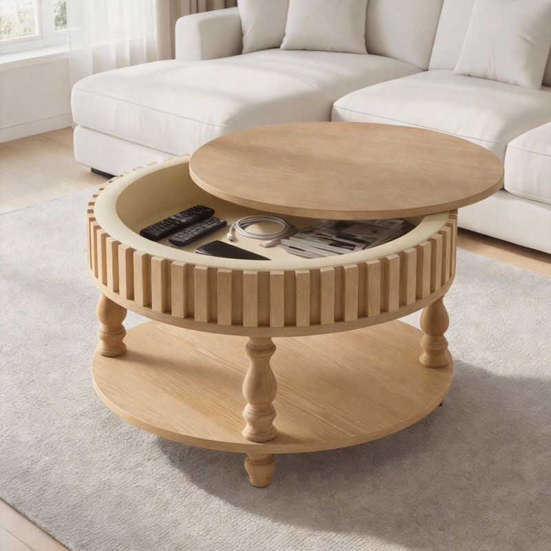 Table basse française avec plateau rabattable et rangement caché, Naturel