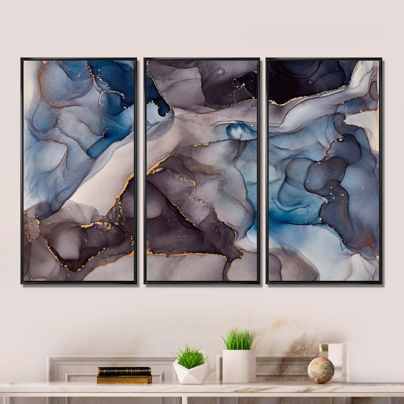 Gris et bleu, art abstrait fluide de luxe - ensemble d'art moderne sur toile encadrée moderne de 3, Noir