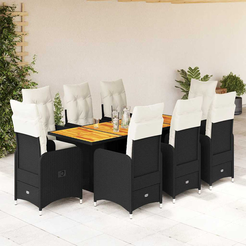  Ensemble bistro avec accoudoirs réglables en rotin PE noir 8 places, Blanc crème / noir, Avec repose-pieds, 8