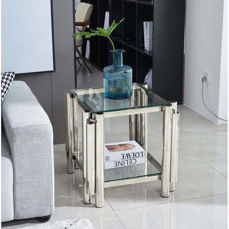 Table de bout carrée 20 pouces, en acier inoxydable moderne et en verre trempé, avec rangement double couche pour le salon ou le bureau à domicile
