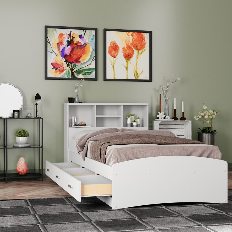 Base de lit avec rangement et tête de lit Monira, Lit simple, Blanc