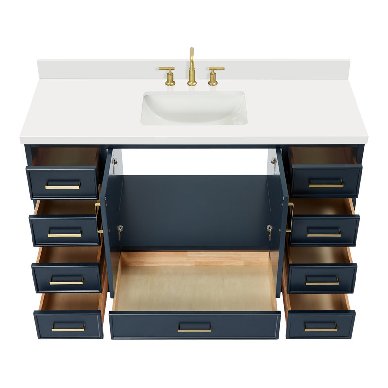 61'' Single Bathroom Vanity with White Quartz Top, Midnight Blue, 55"