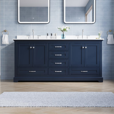Meuble-lavabo de salle de bain en bois massif, 183 cm (L) x 87 cm (H), avec comptoir en marbre reconstitué blanc pur et double lavabo, bleu marine