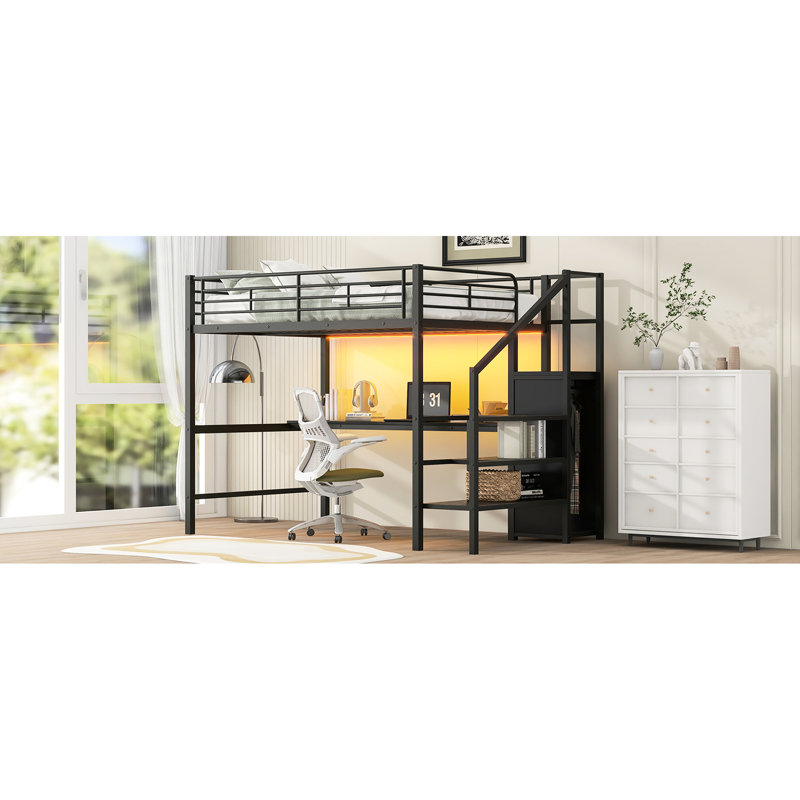 Lit mezzanine double en métal de couleur noire avec bureau, escalier de rangement, garde-robe et conduit, moderne et pratique